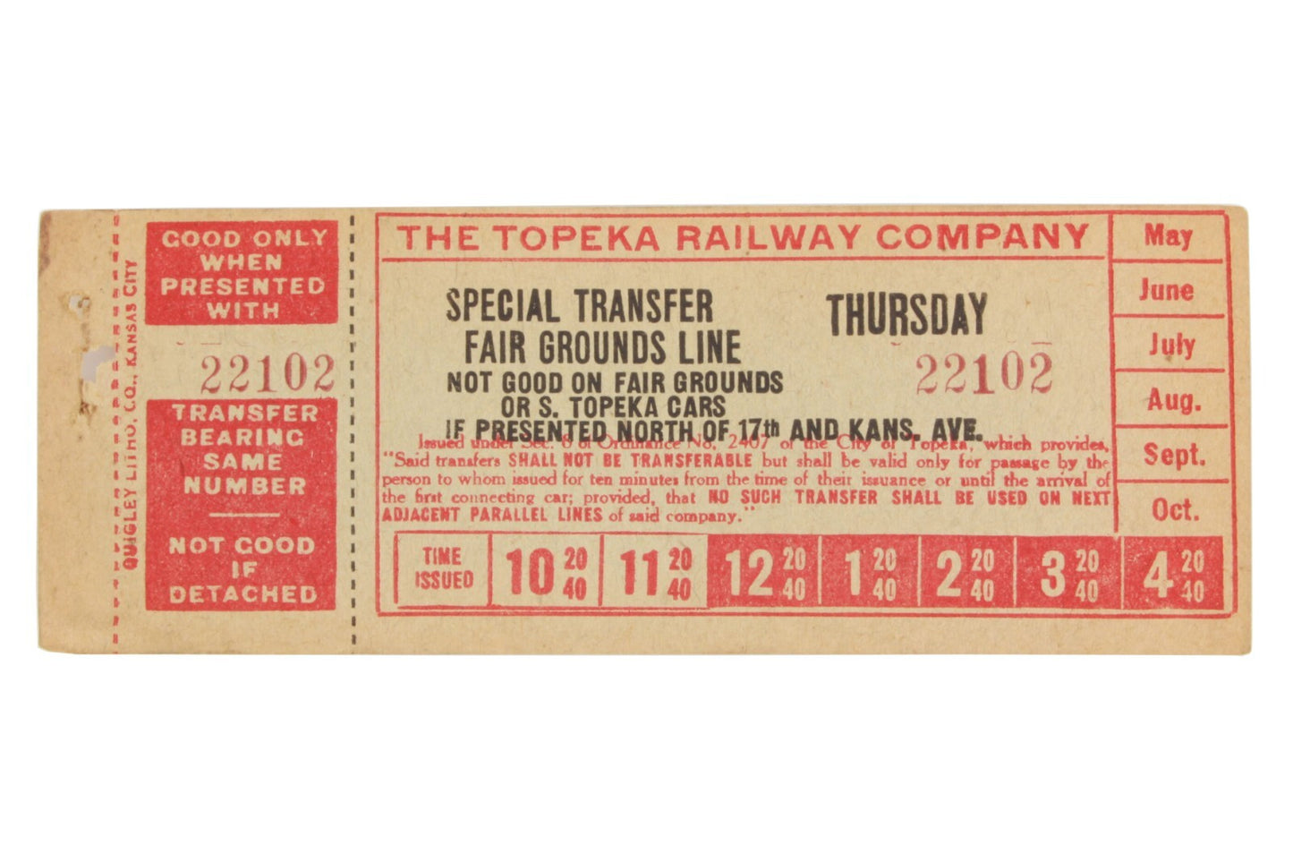Rare Early Topeka Railway Co Trolley Transfer Ticket Vinewood Kansas KS