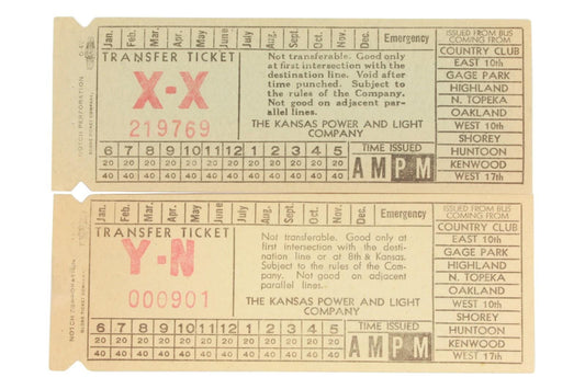 Vintage Kansas Power & Light Transfer Tickets – Topeka Transit Ephemera