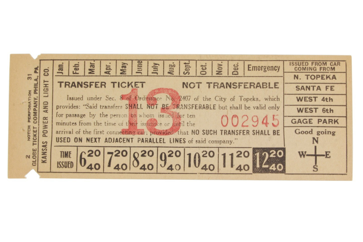 Rare Early 1920s Topeka Railway Co Trolley Transfer Ticket Vinewood Kansas KS