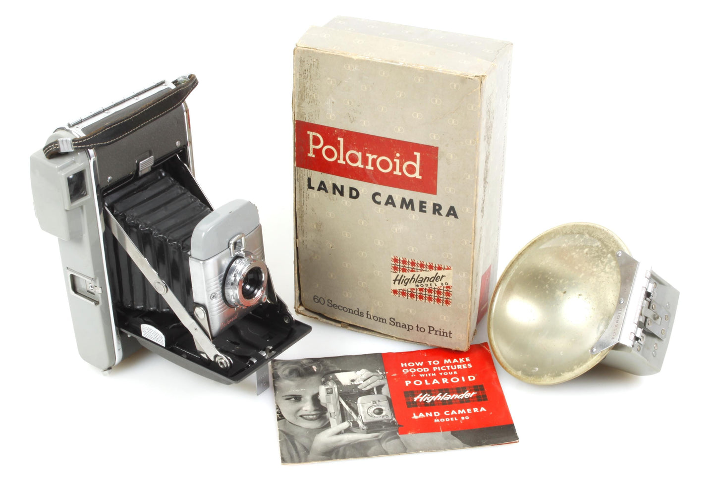 Vintage Polaroid Land Camera Model 80 Highlander Original Box, Booklet, Flash