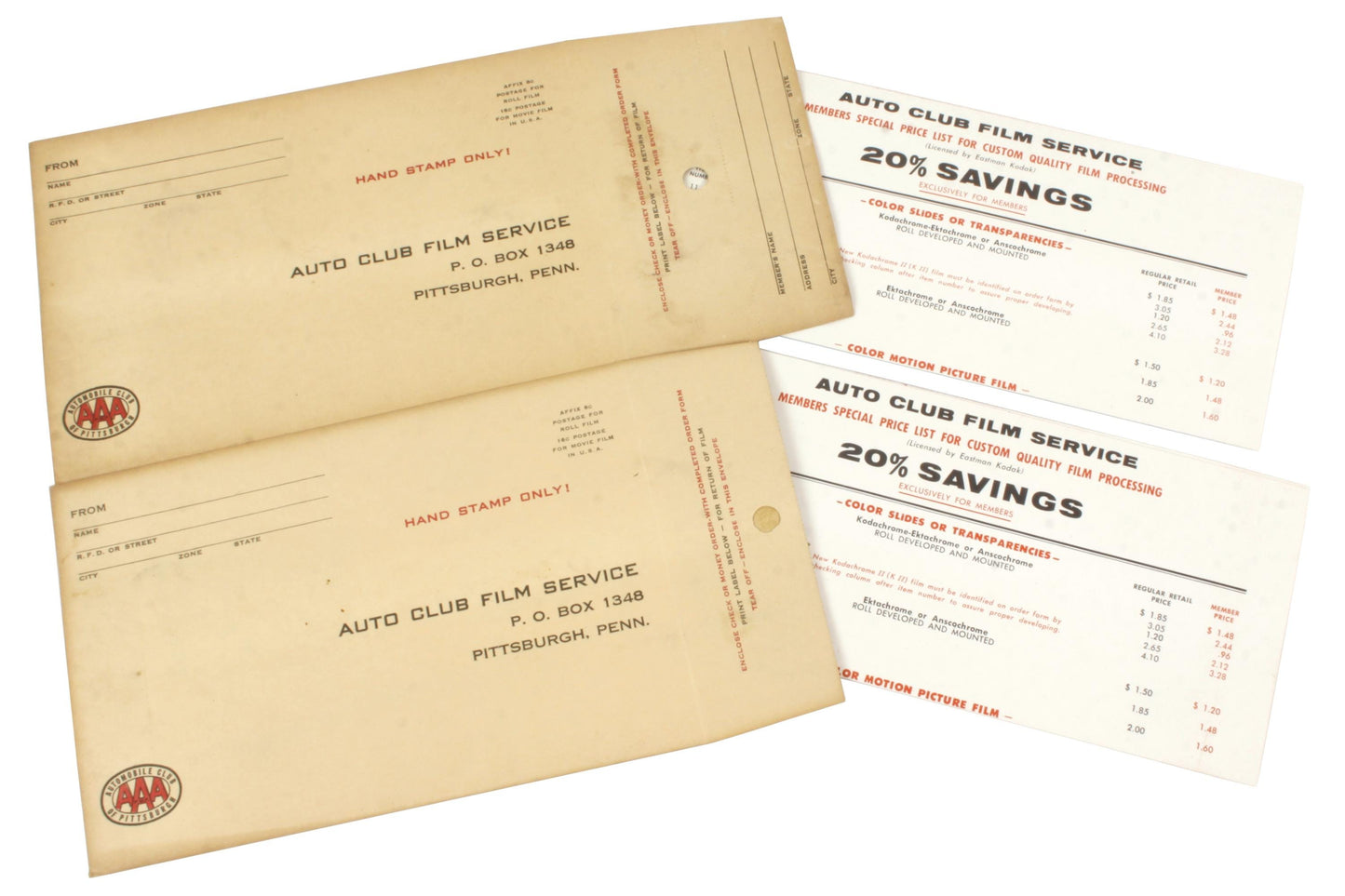 Photographica AAA Film Service Envelopes (2) w/ Price List