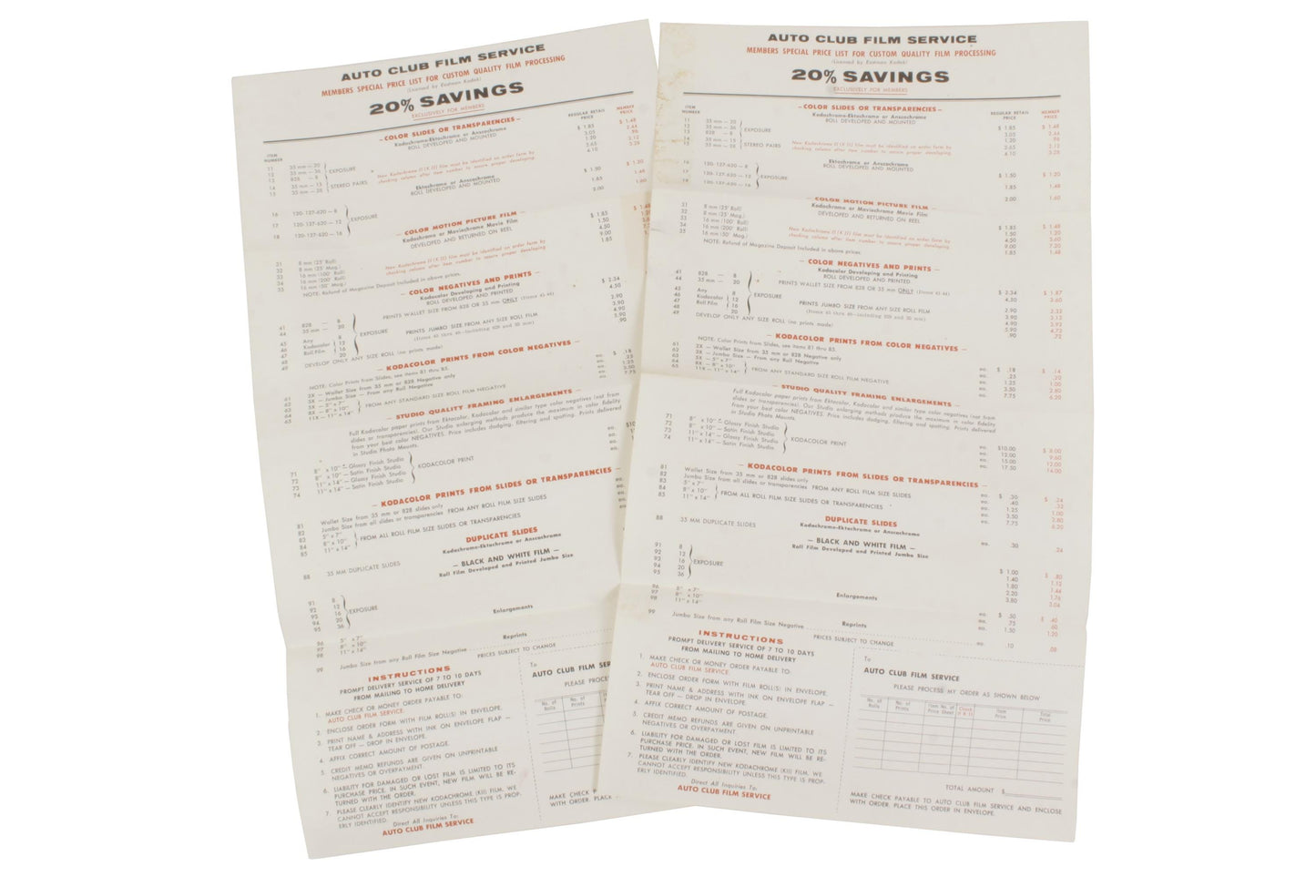 Photographica AAA Film Service Envelopes (2) w/ Price List