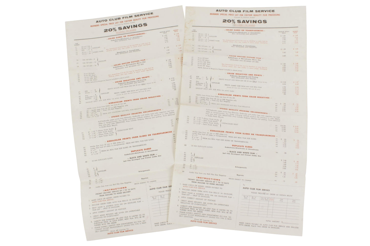 Photographica AAA Film Service Envelopes (2) w/ Price List