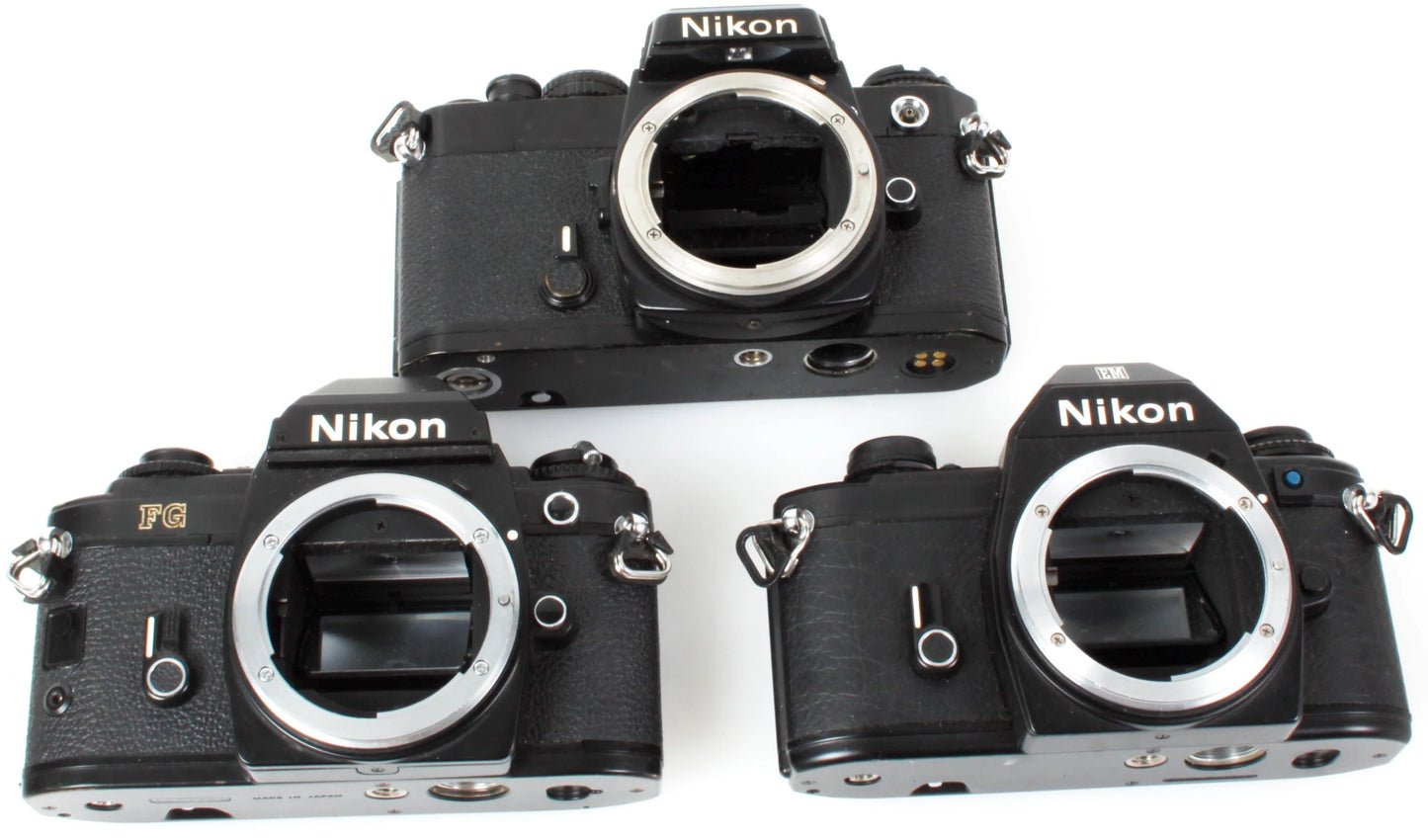 Nikon Film Cameras FE FG EM Lot of 3 As Is