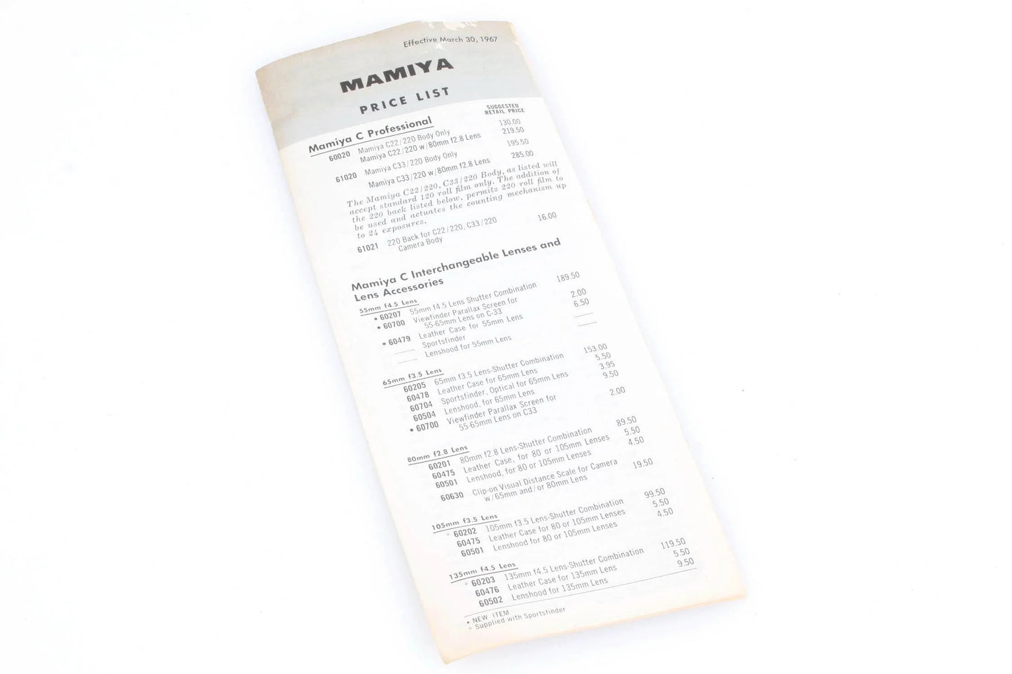 Mamiya 1967 Price List