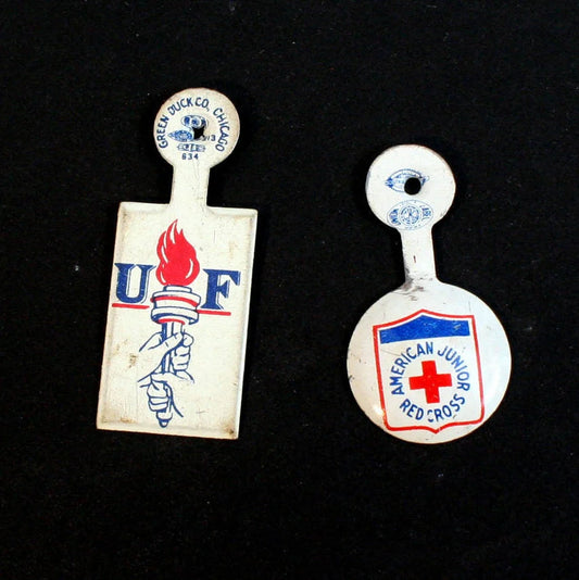 Vintage American Junior Redcross & United Fund Fold Over Tab Pins//Button