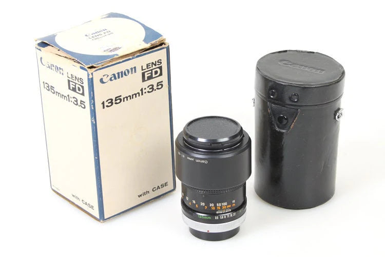 Canon 135MM 3.5 FD Lens w Cap s / Hood / Case / Filter / Box