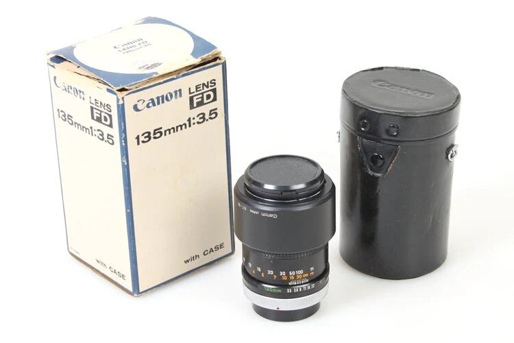 Canon 135MM 3.5 FD Lens w Cap s / Hood / Case / Filter / Box