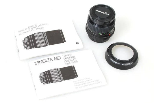 Minolta MD Rokkor 28mm F/2.8 Wide Angle Lens w/ Hood, Manual, Filter