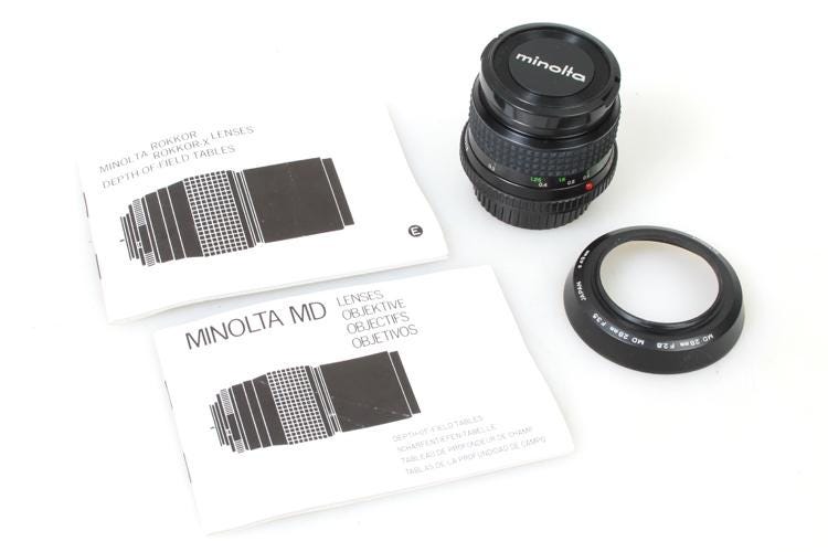 Minolta MD Rokkor 28mm F/2.8 Wide Angle Lens w/ Hood, Manual, Filter
