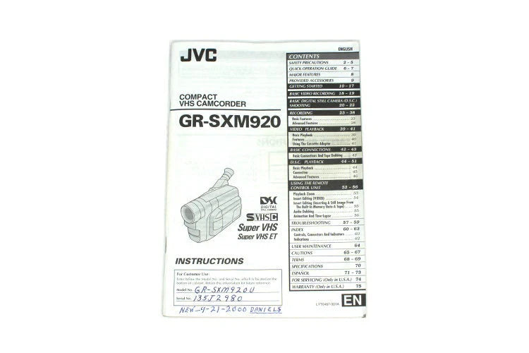 JVC GR-SXM920 VHSC Camcorder Manual Original
