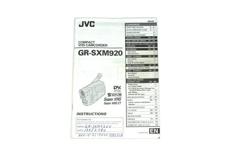 JVC GR-SXM920 VHSC Camcorder Manual Original