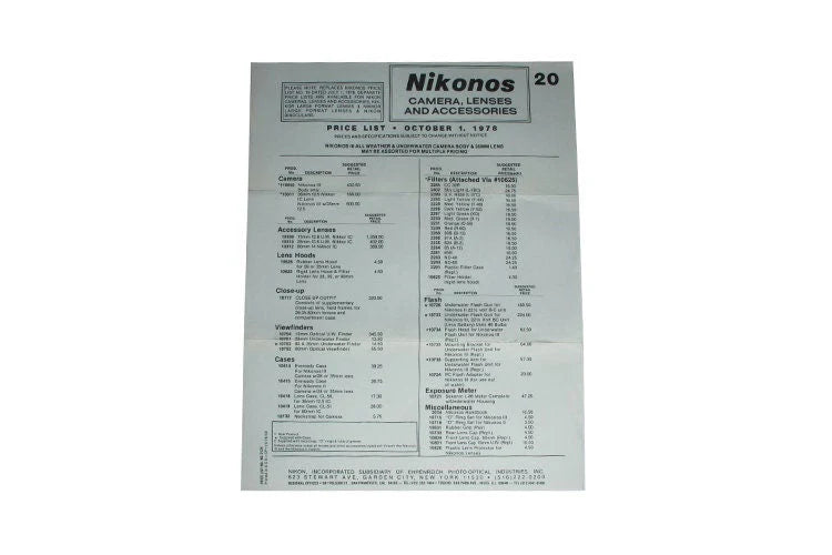 Price List Nikon Nikonos 1978