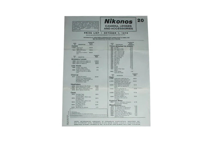 Price List Nikon Nikonos 1978