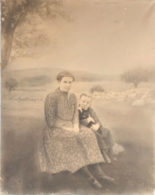 VINTAGE SALT PRINT PHOTO. MOTHER, DAUGHTER AND CAT, PASTORAL SETTING.
