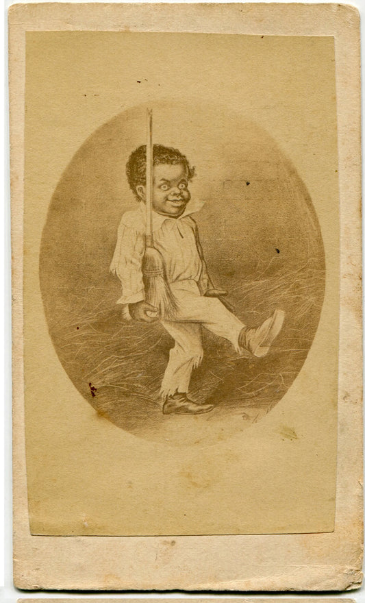 CDV ARTWORK OF AFRICAN AMERICAN CHILD PLAYING SOLDIER