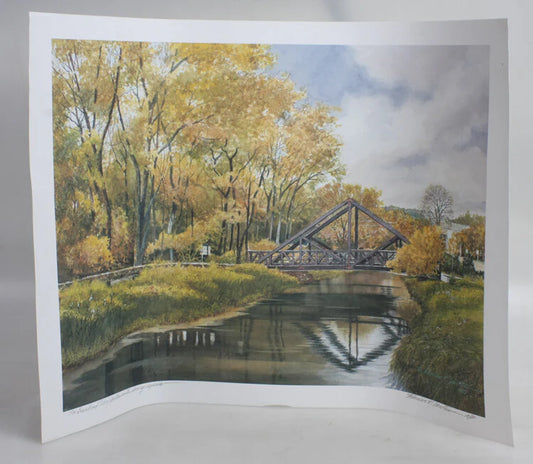 FLORIAN K. LAWTON 18X24 PRINT OF BRIDGE IN AUTUMN FOREST- HAND SIGNED