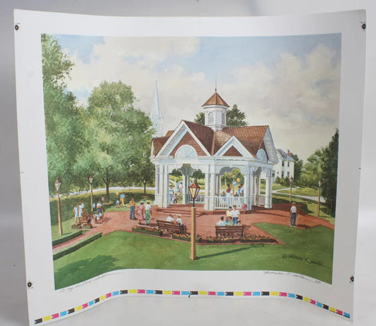 FLORIAN K. LAWTON 18X24 PRINT OF SMALL TOWN GAZEBO W/ TOWNSPEOPLE - HAND SIGNED