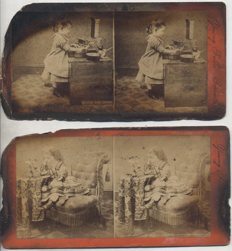 STEREOVIEWS OF LITTLE GIRL COOKING   WATCHING FLOWER - SET OF 2