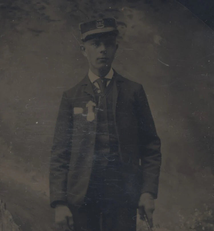 TINTYPE OF FIREMAN STEAM ENGINE CONDUCTOR IN UNIFORM W/ POKING STICK, RARE