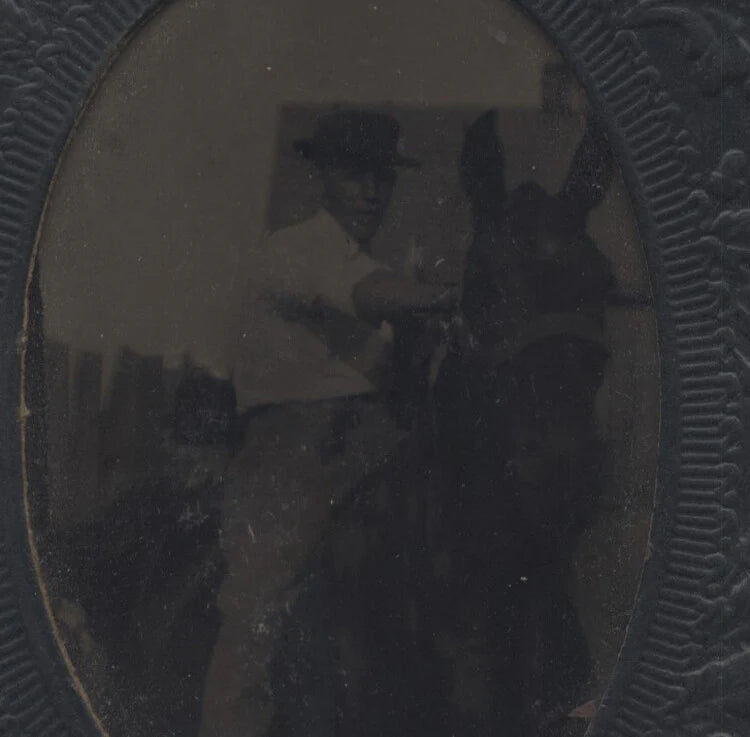 TINTYPE PORTRAIT OF YOUNG MAN IN HAT RIDING HORSE