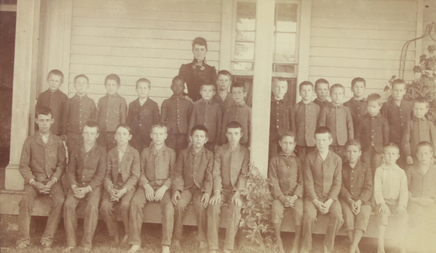 BOYS SCHOOL CLASS PHOTO IN FRONT OF SCHOOL. 8X10 FRAME, ARCHIVAL MATTING.