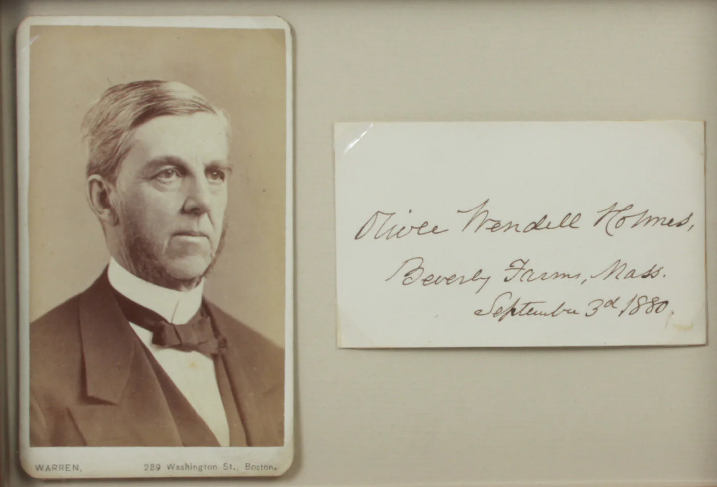 OLIVER WENDELL HOLMES, SCOUS, CDV, SIGNED CARD. 5X7 FRAME.