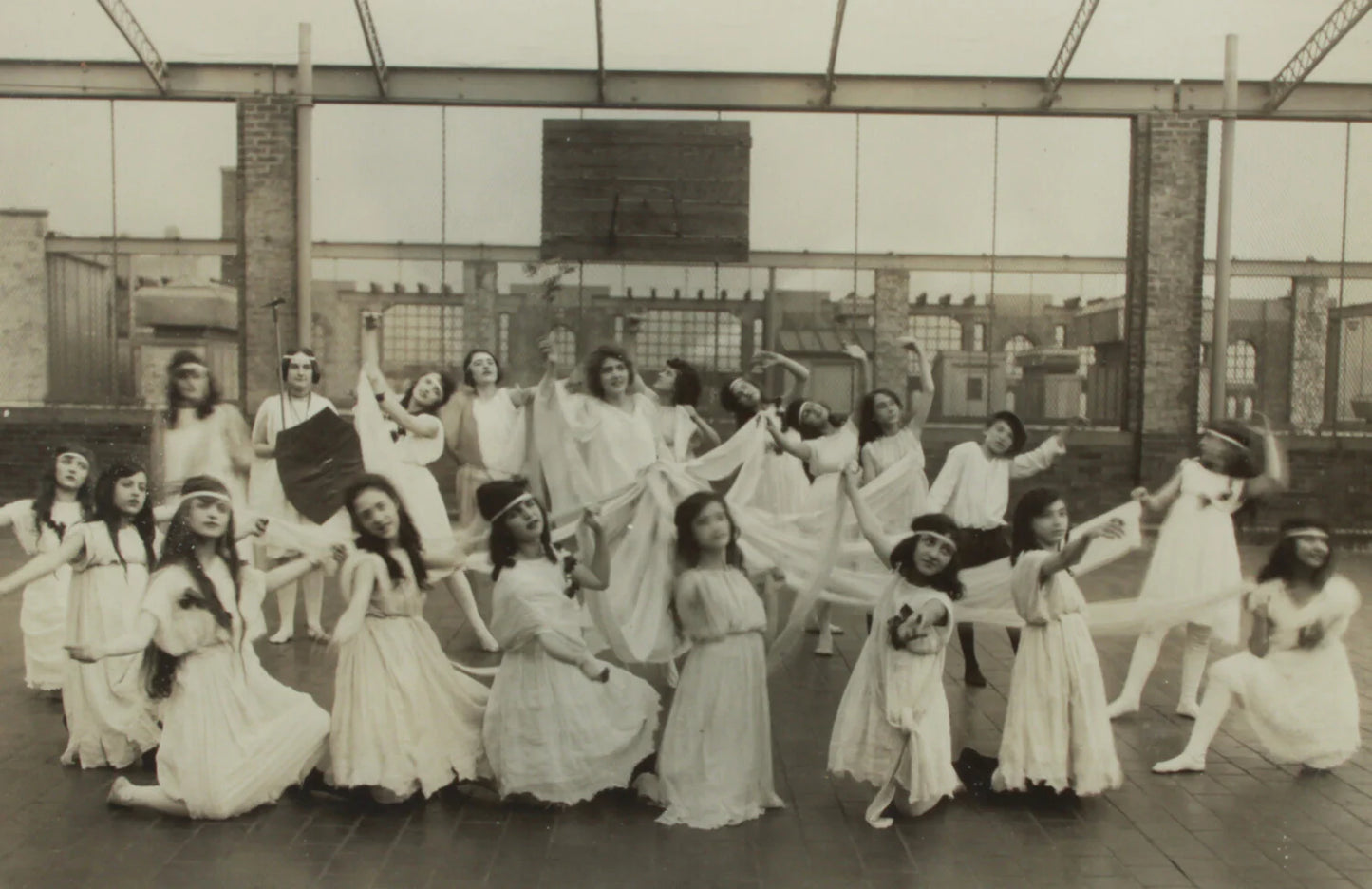 YOUNG WOMEN AND GIRLS DANCE ON ROOFTOP. 4X6.5 SILVER PRINT IN 8X10 FRAME.