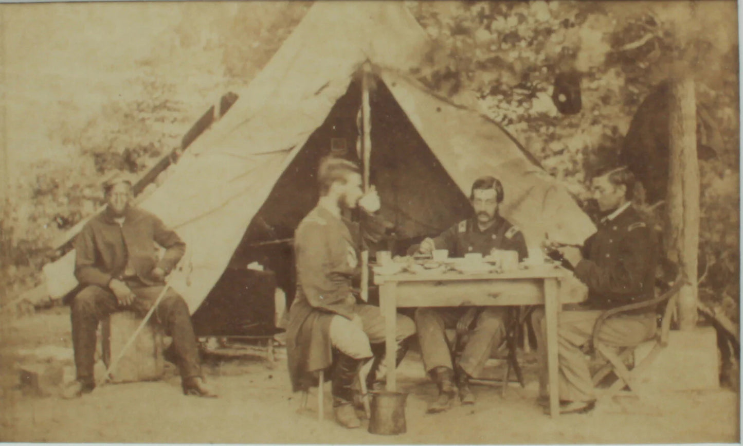 CIVIL WAR CDV. OFFICERS DINE, BLACK SOLDIER LOOKS ON. 8X10 FRAME/ARCHIVAL MAT.