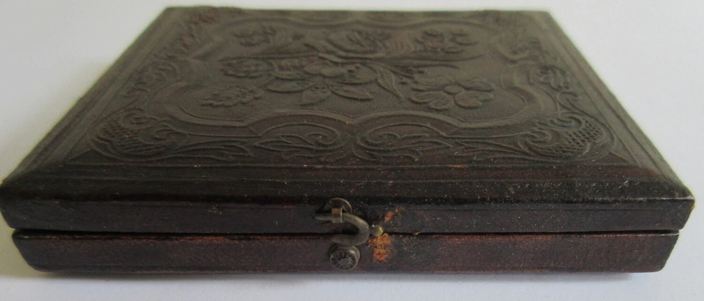MAN, PIERCING EYES, PAINTED BACKGROUND. 6TH PLATE DAGUERREOTYPE, FULL CASE.