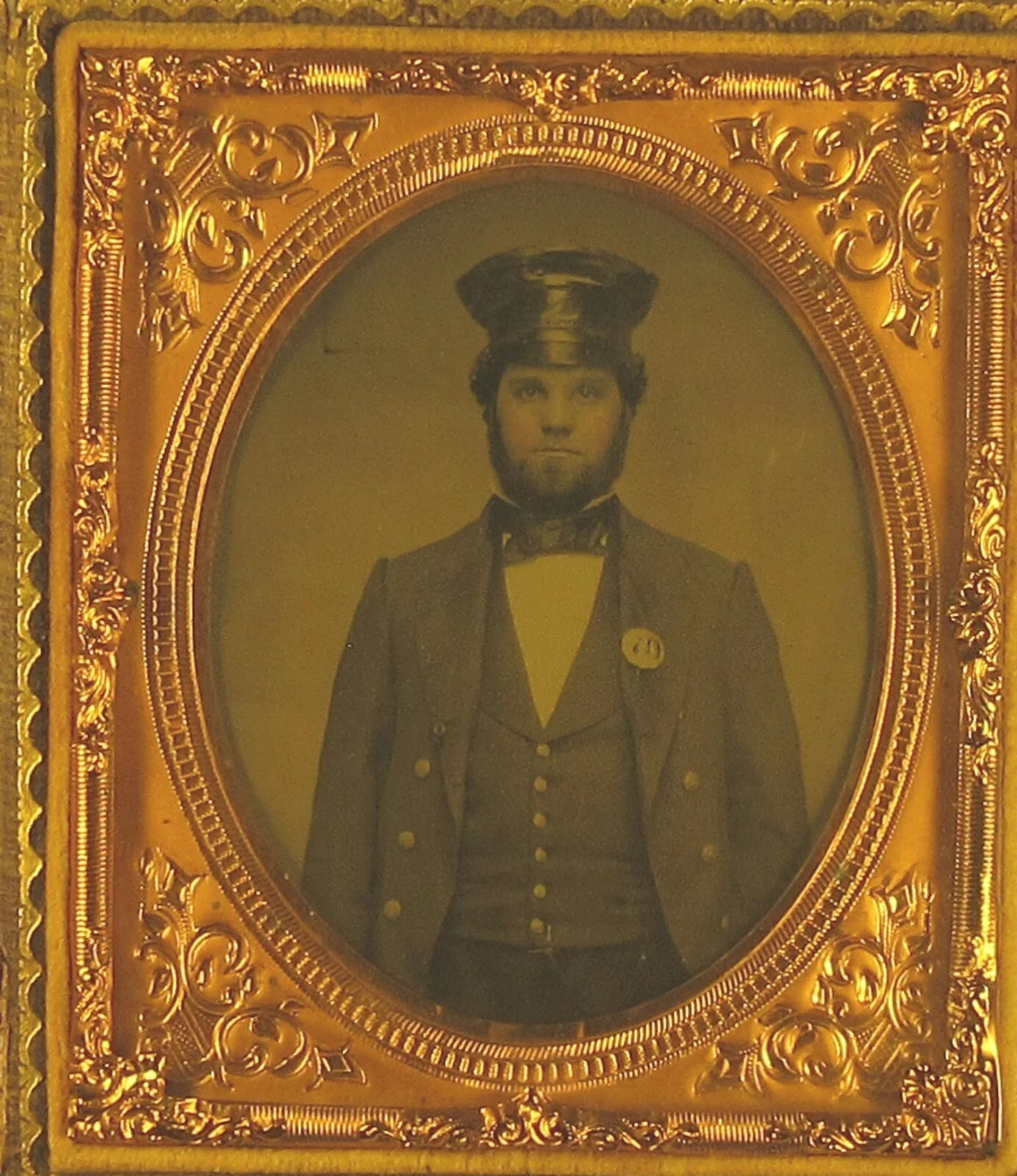 OCCUPATIONAL, FIREMAN/TRAIN OPERATOR. TINTED 6TH PLATE AMBROTYPE. FULL CASE.