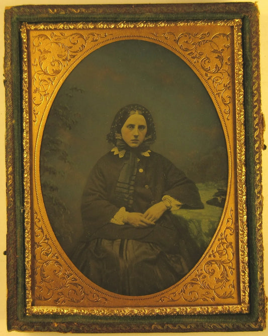 WOMAN IN SCARF. RICHLY TINTED 4TH PLATE AMBROTYPE. HALF CASE.