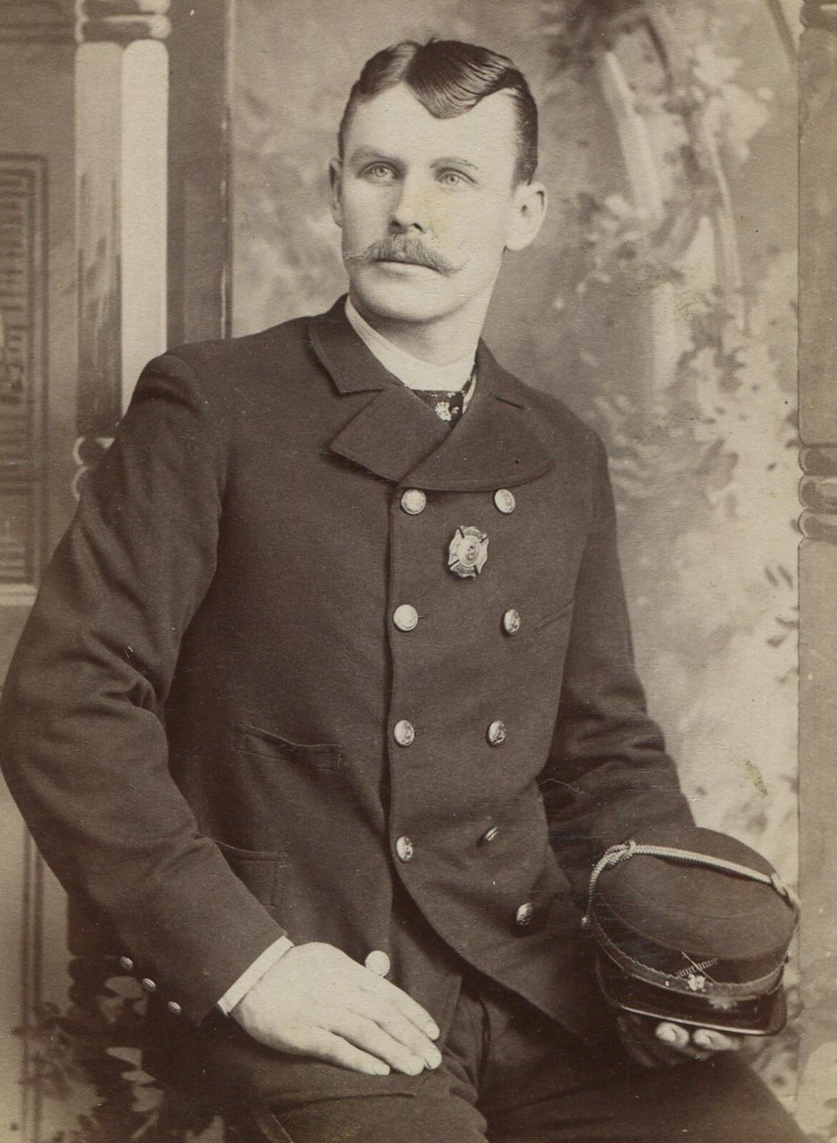 Vintage cabinet card portrait: Fireman in dress uniform holding hat, original