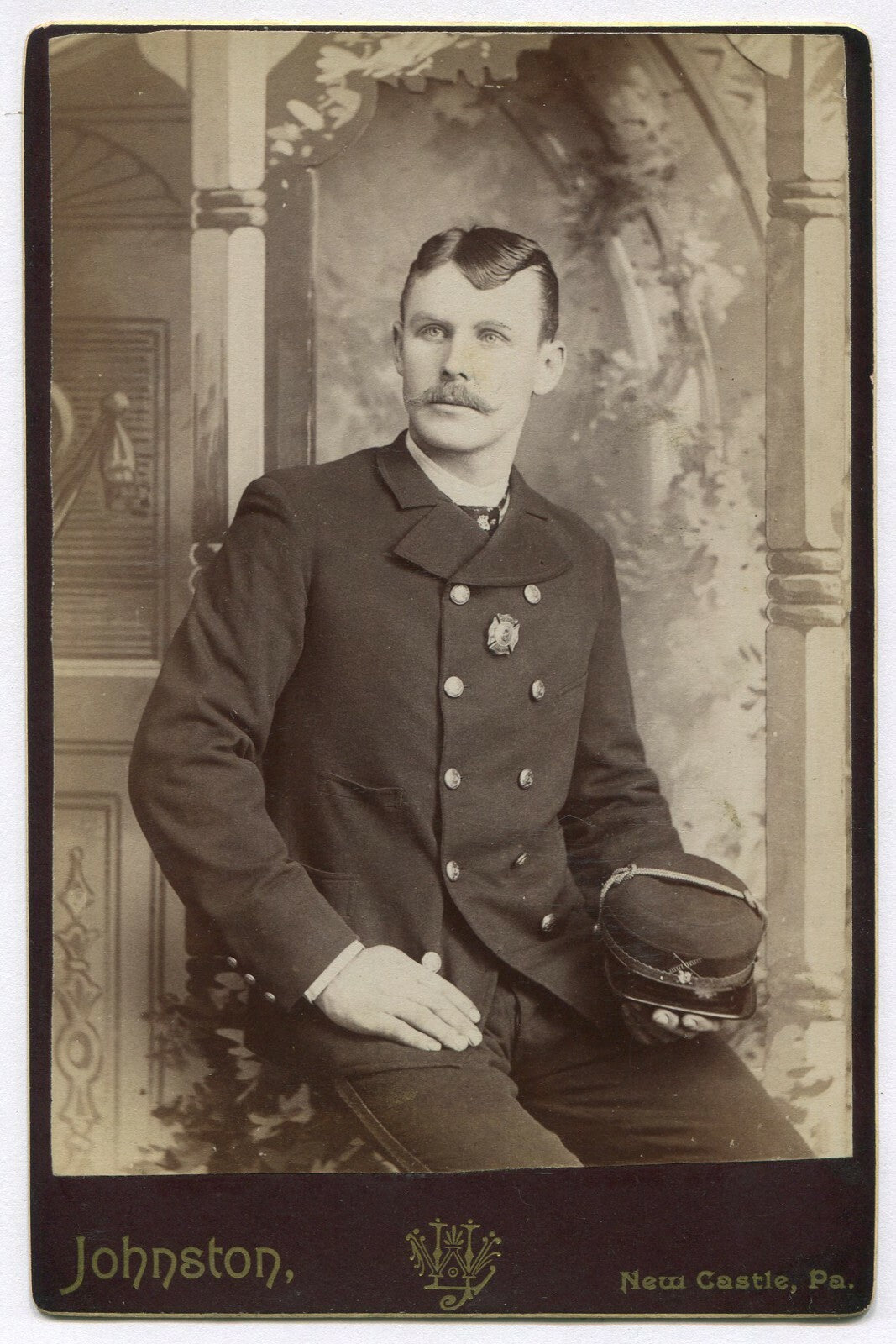 Vintage cabinet card portrait: Fireman in dress uniform holding hat, original