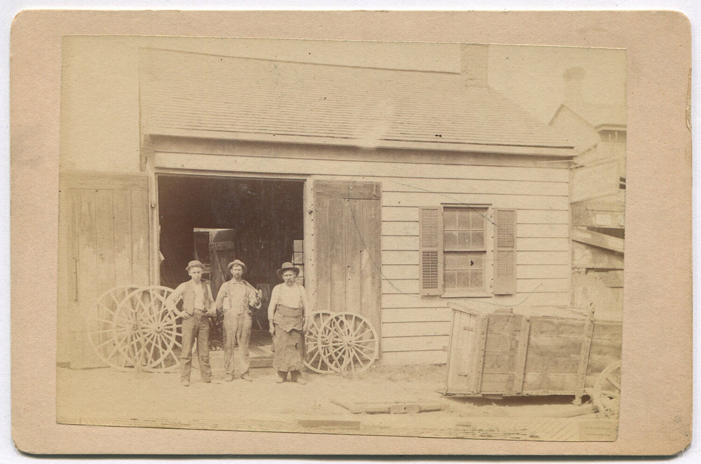 BLACKSMITH SHOP EXTERIOR. WORKERS WITH WHEELS AT DOOR. CABINET CARD. N.Y.