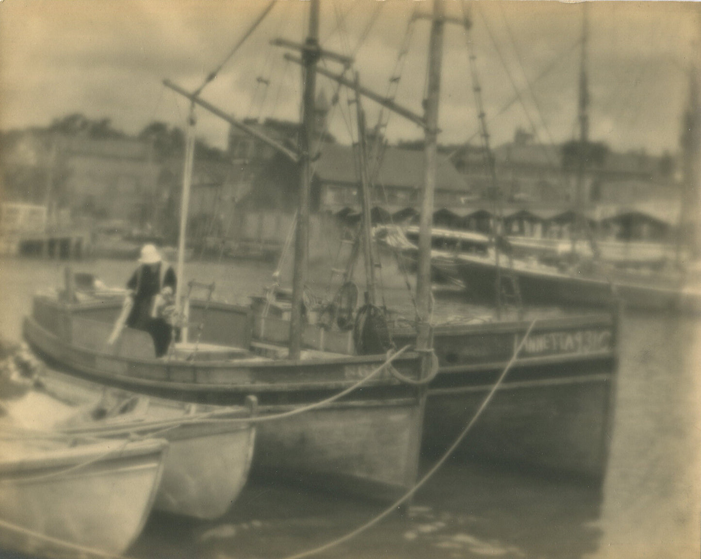 SAIL BOATS IN HARBOR. PICTORIALIST 8X10 SILVER PRINT IN 11X14 INCH ARCHIVAL MAT.