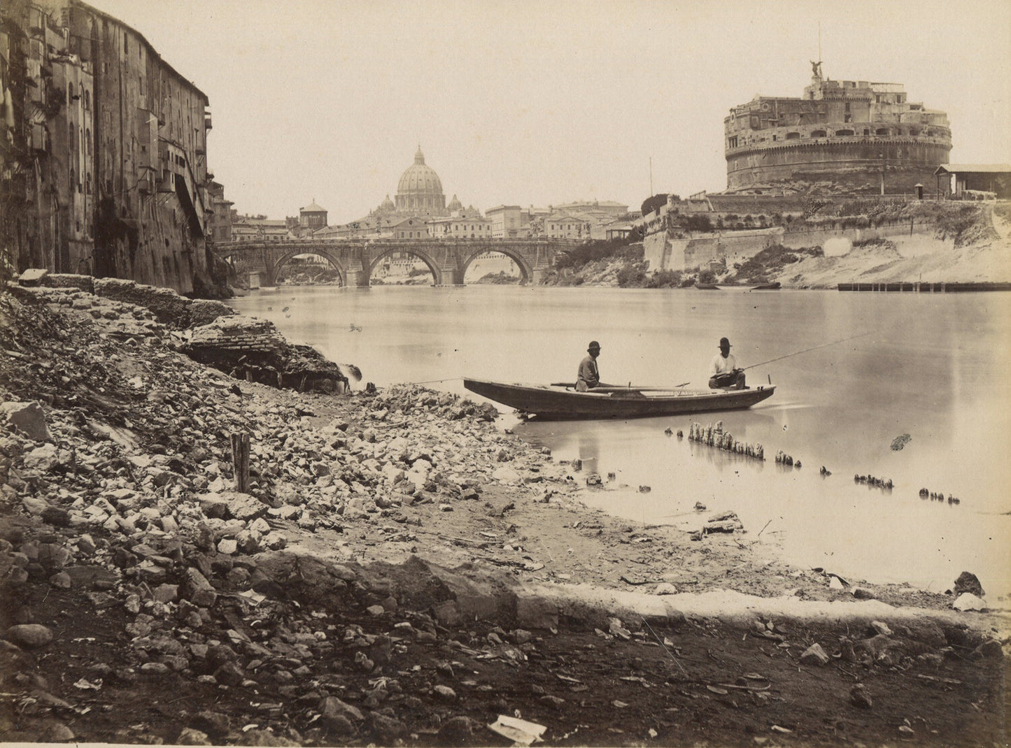 MEN FISHING/ ST PETER'S BASILICA IN BACKGROUND. ALBUMEN IN 11X14 ARCHIVAL MAT.