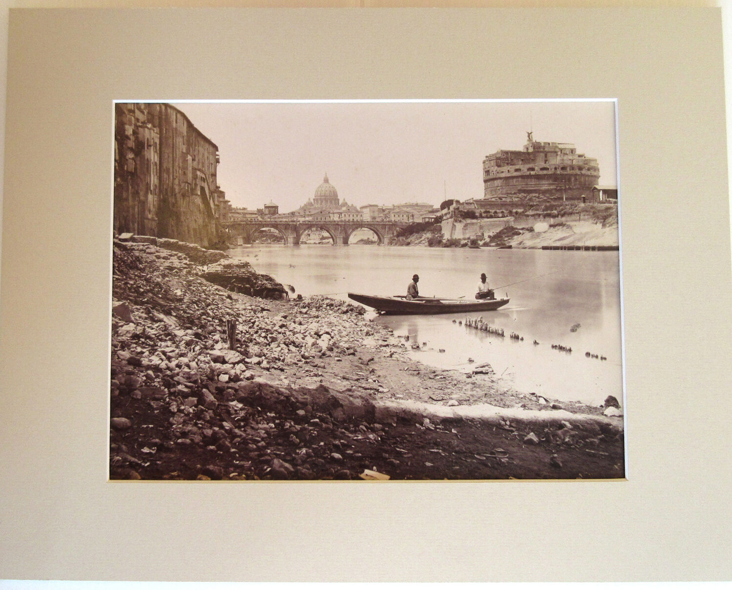 MEN FISHING/ ST PETER'S BASILICA IN BACKGROUND. ALBUMEN IN 11X14 ARCHIVAL MAT.