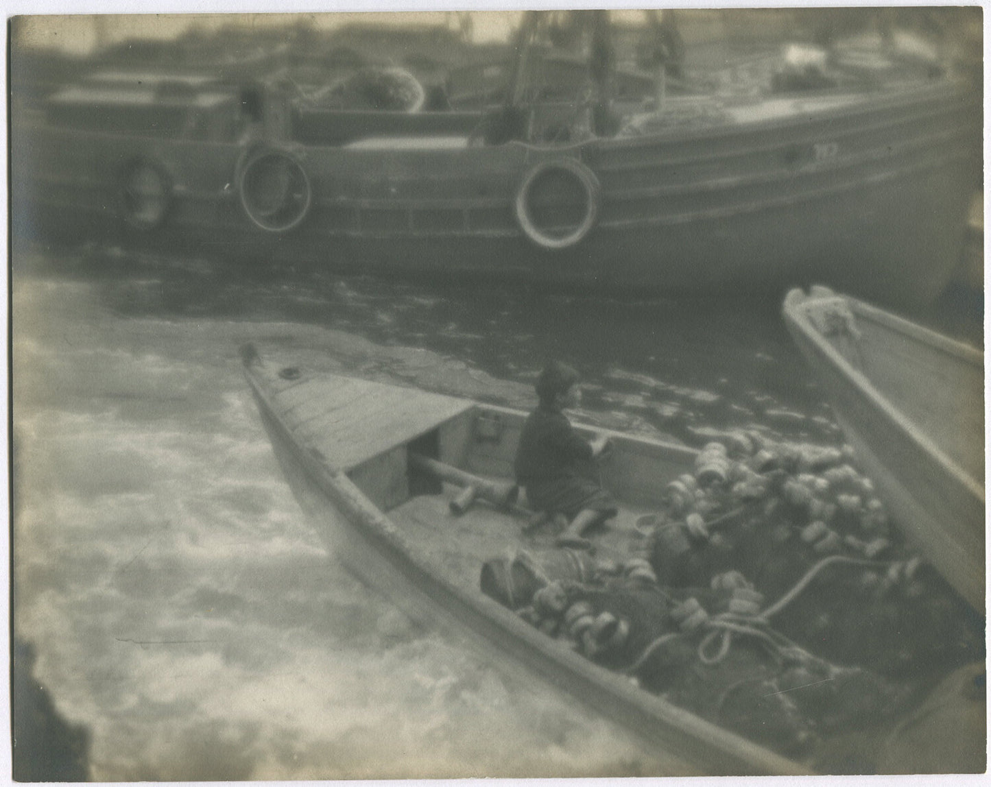 FISHING BOAT IN HARBOR. PICTORIALIST 8X10 SILVER PRINT IN 11X14 INCH ARCHIVAL MA
