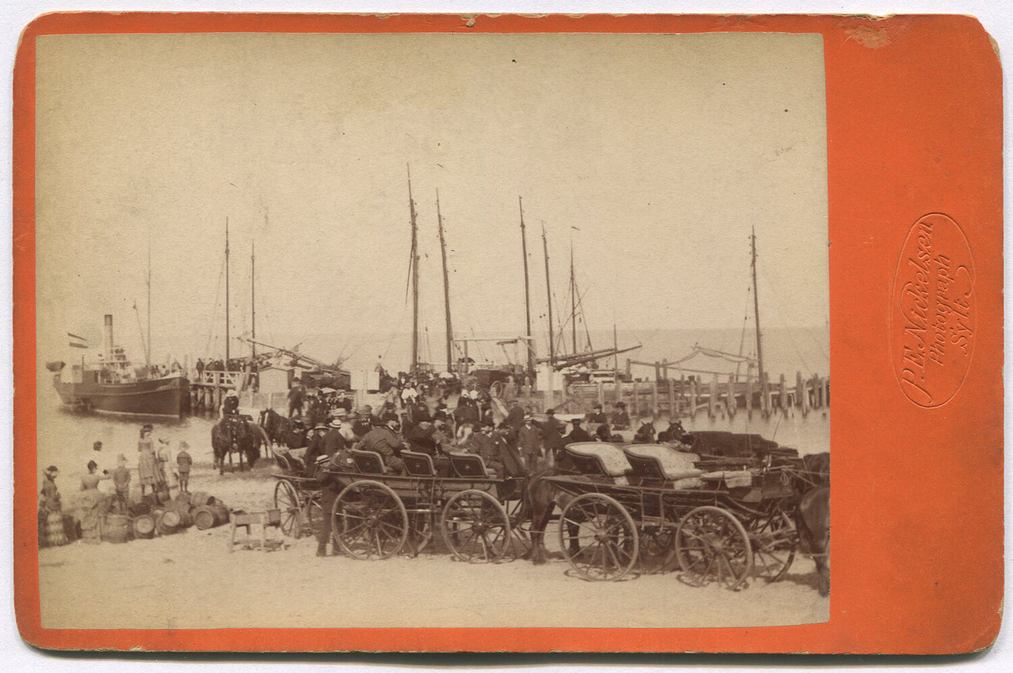 HARBOR SCENE. CABINET CARD BY NICKELSON, 11X14 ARCHIVAL MAT.