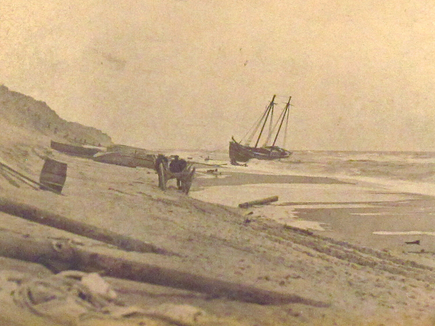SHIP ON BEACH. CABINET CARD BY NICKELSON, 11X14 ARCHIVAL MAT.