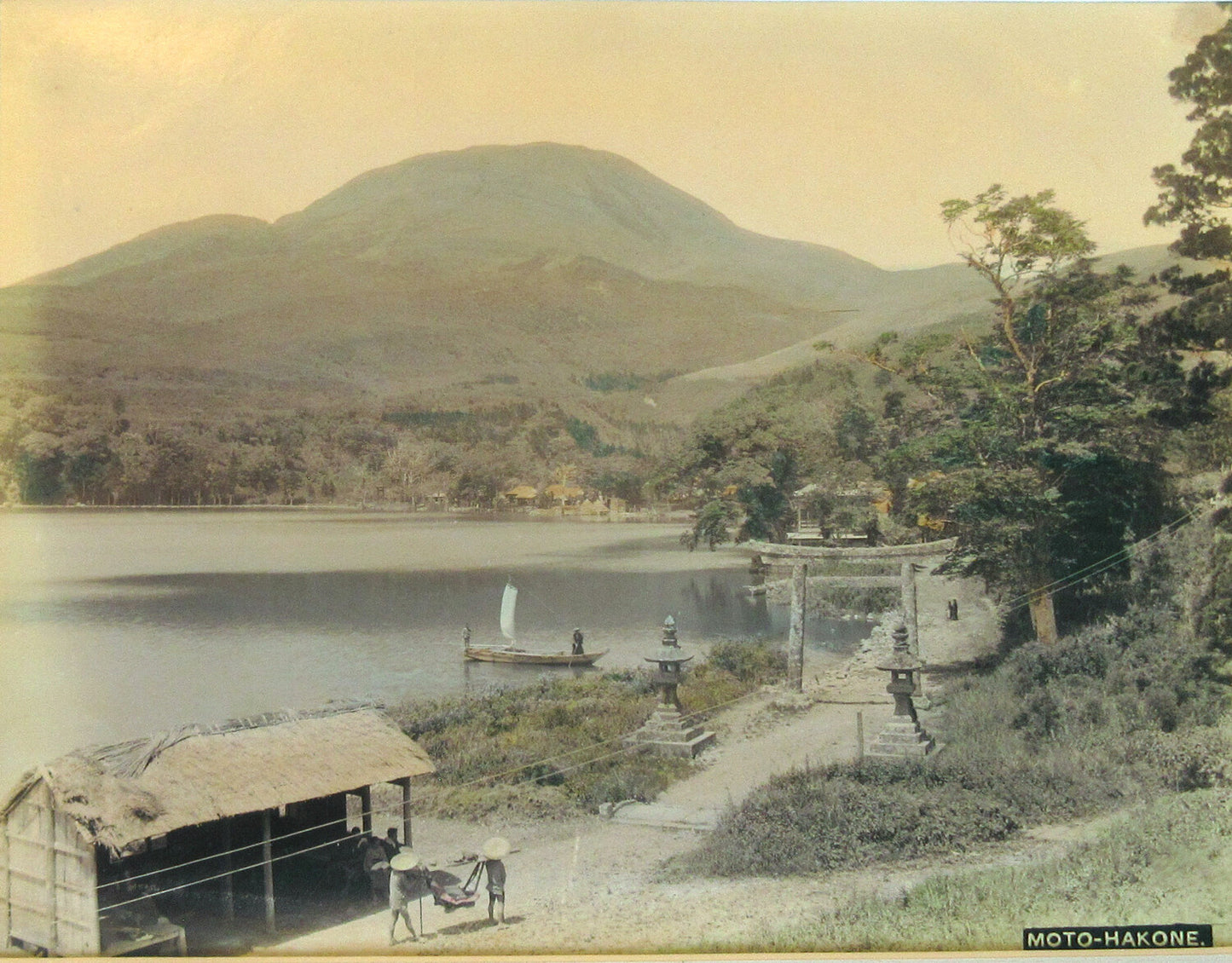 JAPANESE HAND TINTED ALBUMEN PHOTO OF VILLAGE,MT FUJI,MOTO HAKONE. 11X14 MAT.