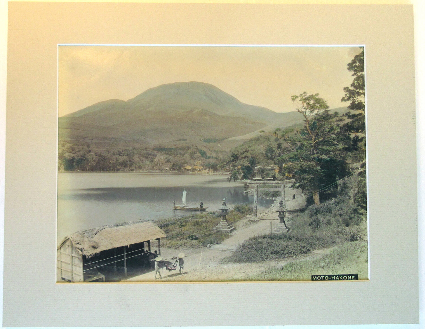 JAPANESE HAND TINTED ALBUMEN PHOTO OF VILLAGE,MT FUJI,MOTO HAKONE. 11X14 MAT.
