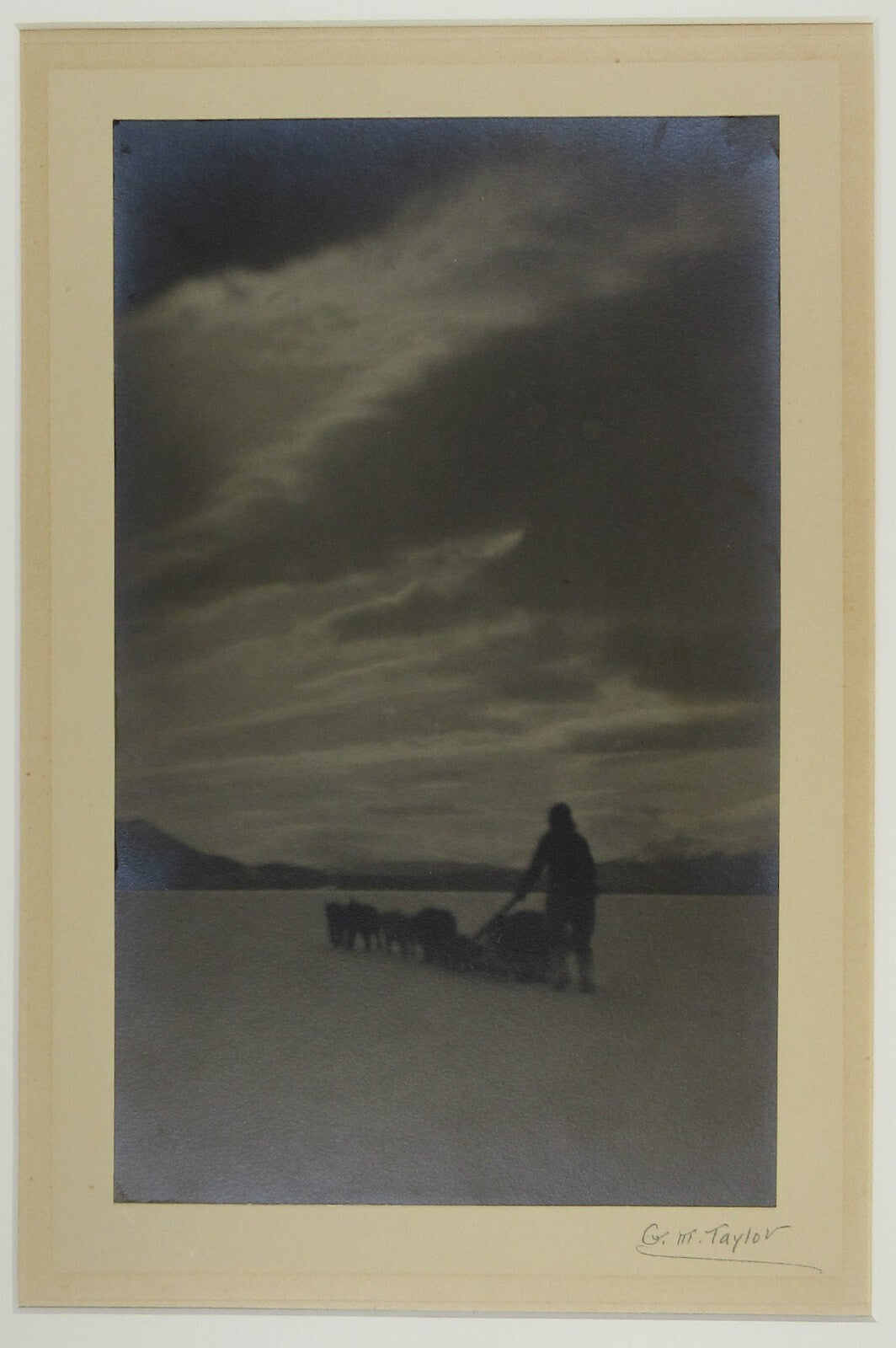 DOG SLED/MUSHING TEAM. PICTORIALIST STYLE SILVER PRINT BY G.M.TAYLOR. 10.5X6.25