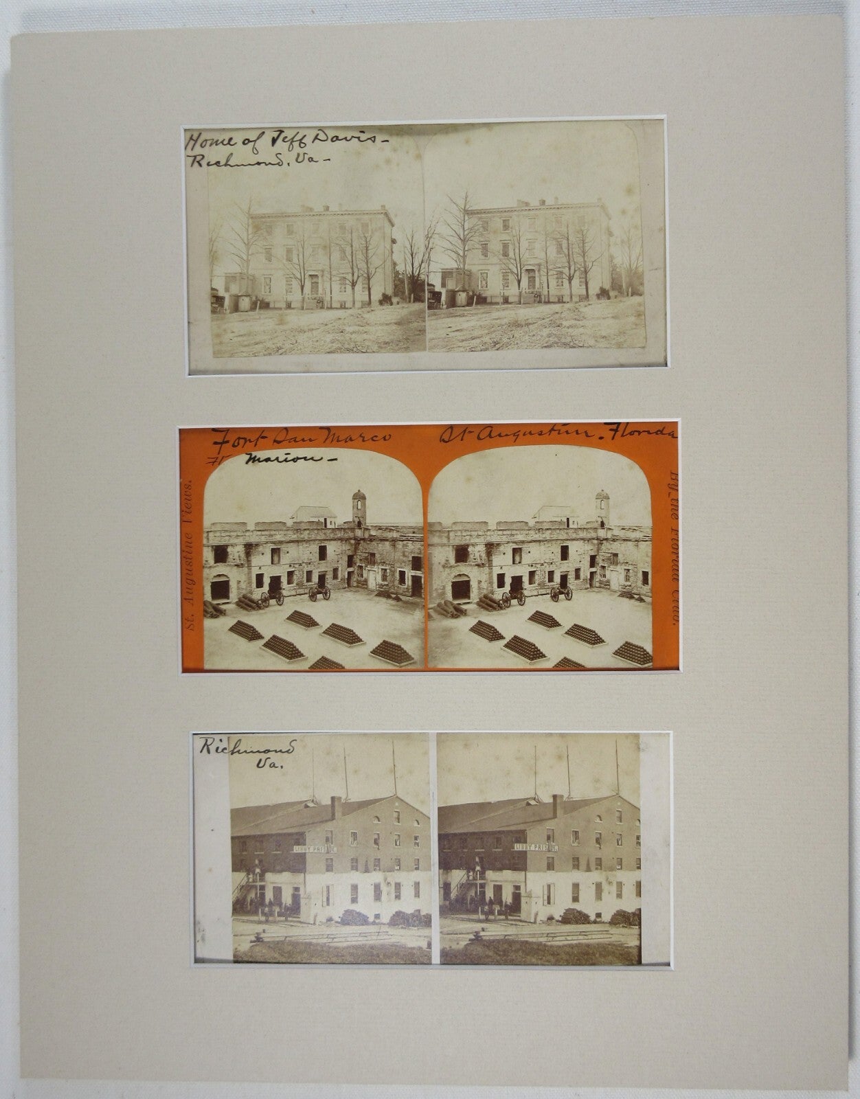CIVIL WAR STEREOVIEW 3 SET. LIBBY PRISON, FT SAN MARCO, J.DAVIS HOME. 14X11 MAT.