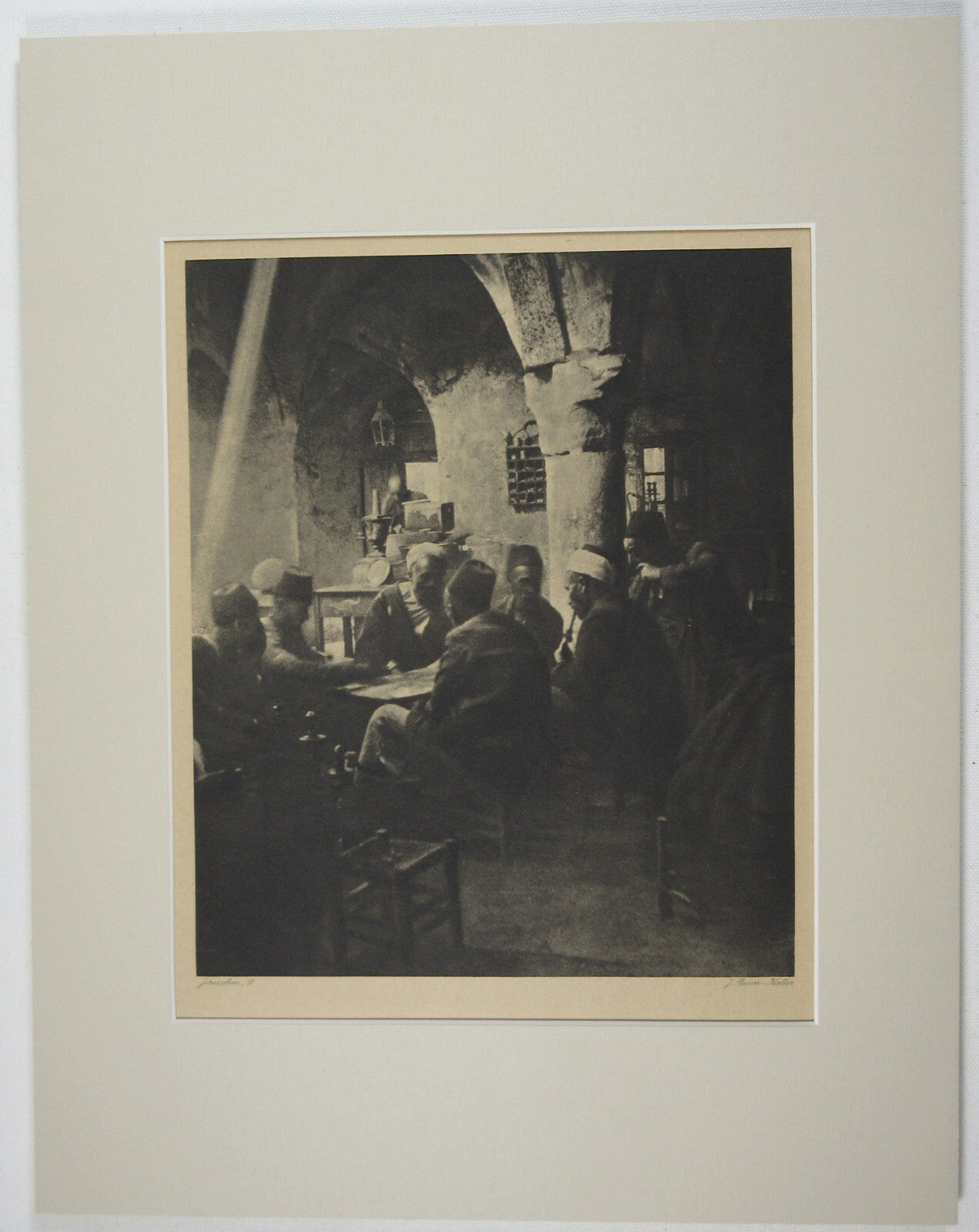 MEN SMOKING HOOKAH, PLAYING GAME. JERUSALEM. 13.5X10.75 LITHOGRAPH IN 14X11 MAT