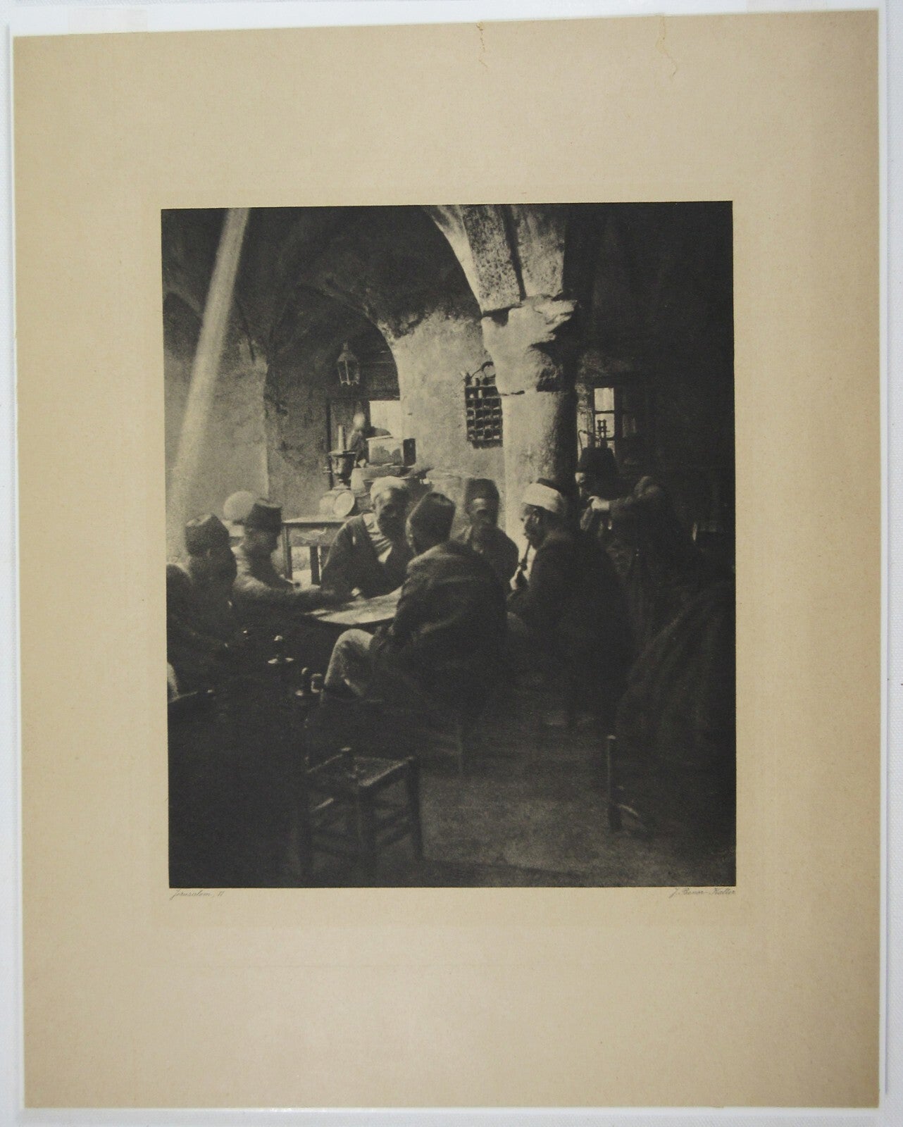 MEN SMOKING HOOKAH, PLAYING GAME. JERUSALEM. 13.5X10.75 LITHOGRAPH IN 14X11 MAT