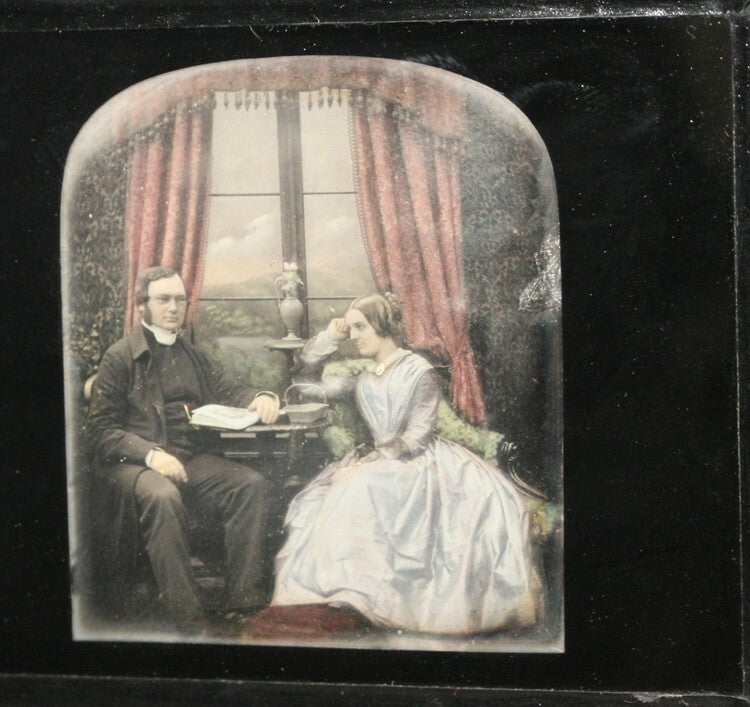 PAINTED STEREOVIEW DAGUERREOTYPE  COUPLE  ANTOINE CLAUDET  1850S MUSEUM QUALITY