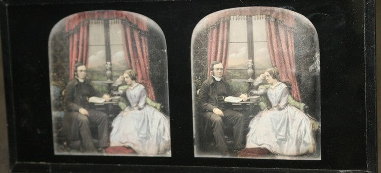 PAINTED STEREOVIEW DAGUERREOTYPE  COUPLE  ANTOINE CLAUDET  1850S MUSEUM QUALITY