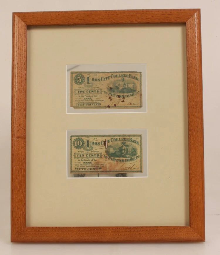 VINTAGE CURRENCY, PITTSBURGH PA IRON CITY COLLEGE BANK, 5 AND 10 CENTS - FRAMED
